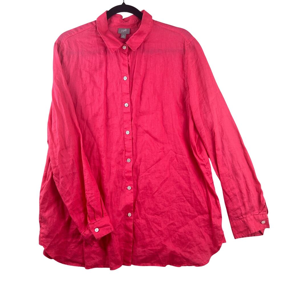 J.Jill Linen Button Front Shirt Pink Coral L Tall Long Sleeve Shell Buttons - Picture 2 of 10